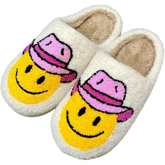 Cowboy Hat Smiley Face Fuzzy Slippers Unisex Cozy Indoor Shoes Size 10 - Picture 5 of 5